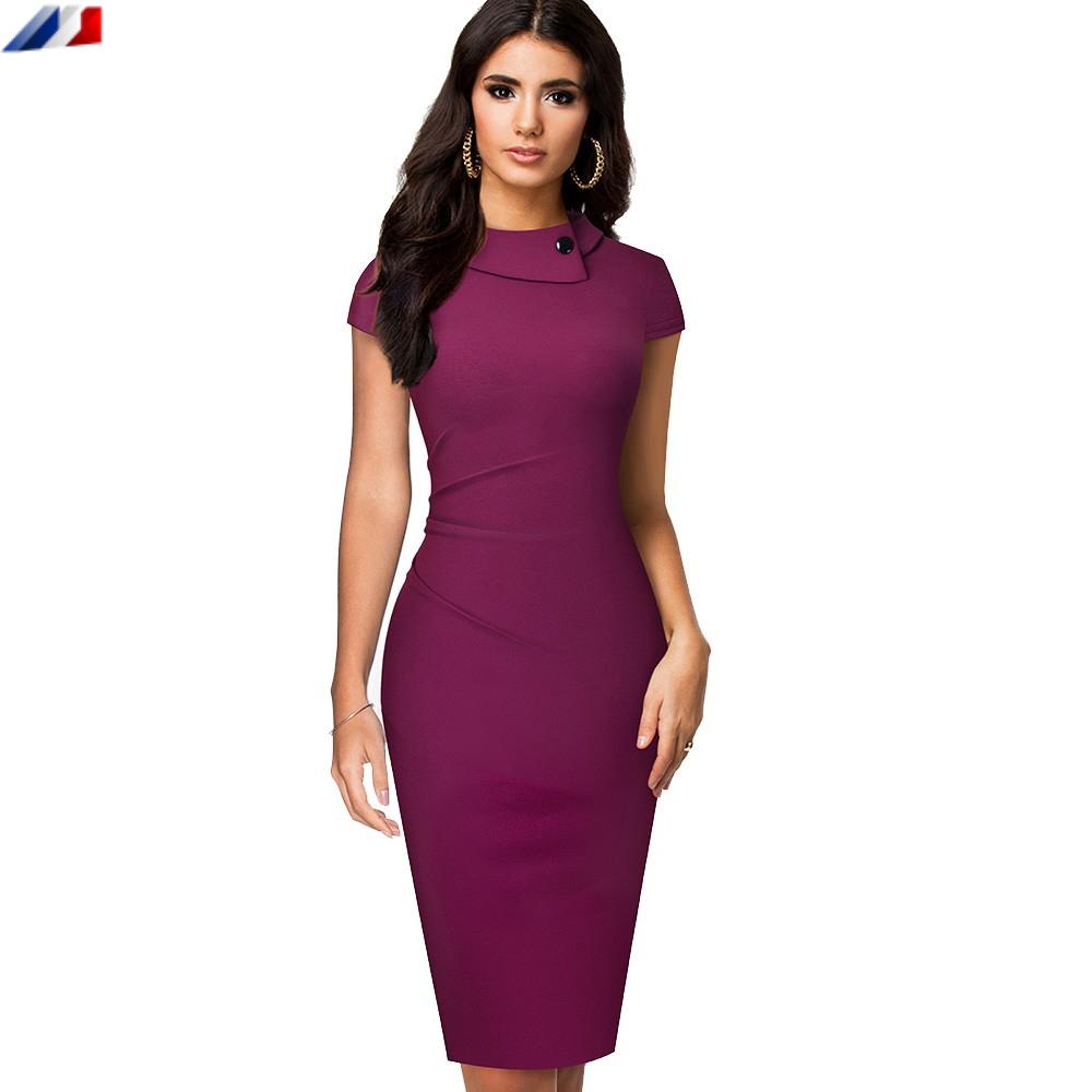 Elegante vestido de oficina para mujer en morado y negro